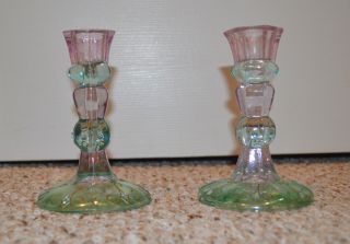 Partylite Mardi Gras Taper Candle Holder Pair Purple Green Glass