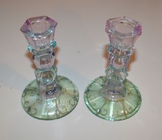 PartyLite Mardi Gras Taper Candle Holder Pair Purple Green Glass 2