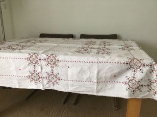 Vintage Large Hand Embroidered Linen Tablecloth 74” X 58”