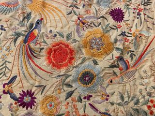 Antique Silk Embroidered Piano Shawl Floral Bird Butterflies Fringe VTG 3