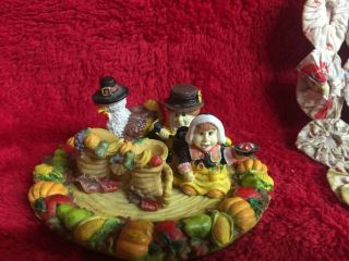 Vtg Thanksgiving Mini Resin Tea Set 6 Pc Base Pilgrims Turkey Cornucopias 2