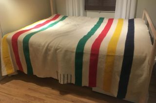 Vintage Hudson Bay 6 Point Wool Blanket Queen Size Made In England