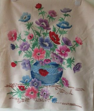 Vintage Hand Embroidered Picture Panel Sampler Bowl Vase Flowers W 19 " H 22 "