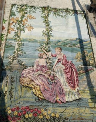 Vtg Woven Tapestry Rural Scene French Pretty Ladies Dresses Wall Hanging 56 " 38 "
