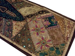 60 " Brown Crazy Quilt Heavily Sequin Sari Vintage Decor Tapestry Wall Hanging