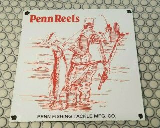 Vintage Penn Fishing Tackle Porcelain Metal Big Game Salt Water Reels Lures Sign