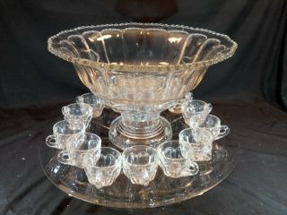 Vintage Huge 16 " Flared Rim Punch Bowl Set With Stand,  Underplate & 14 Cups