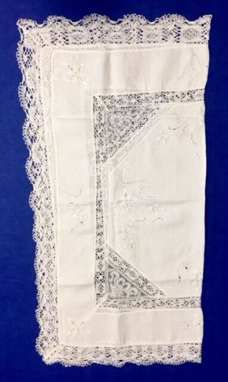 Vintage Hand Embroidered White Linen & Lace Table Cloth - 88cm X 88cm