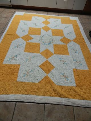 Antique Old One Of Kind Hand Stitched Quilt,  Embroidered Flowers