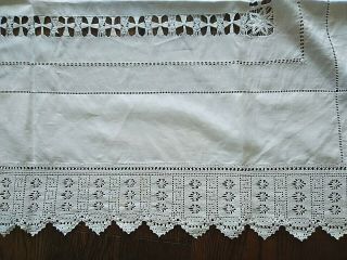 Antique Hand Crochet Lace Edged Linen Table Cloth 52 " X 52 "