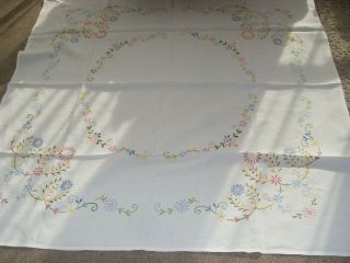 Hand Embroidered Heavy Linen Tablecloth With Circle Of Flowers & To Corners Fab