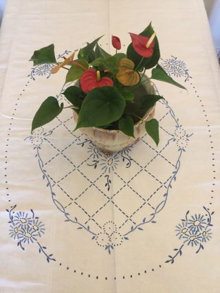 Fabulous Vintage Heavy Cotton Hand Embroidered Tablecloth Approx: 64” X 94” Rare