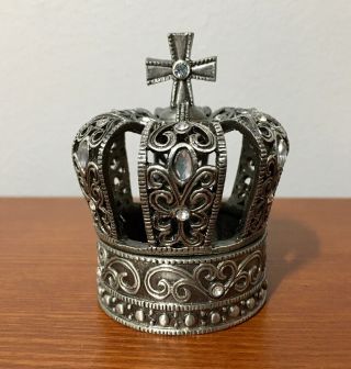 Small Crown Pewter Trinket/jewelry/ring Box 2 1/2” X 2” X 1 3/4 " Round Crystals