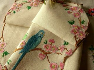 Vintage Hand Embroidered Tray Cloth - Sweet Blue Budgie & Pink Apple Blossom