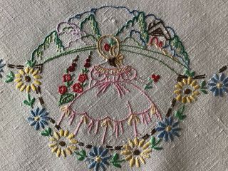Lovely Vintage Linen Hand Embroidered Tablecloth Crinoline Ladies/florals
