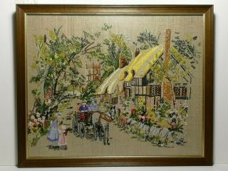 Vintage Linen Hand Embroidered Framed Panel Cottage Garden Village Floral Scene