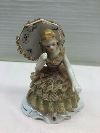 Vtg Wales Lace Porcelain Ceramic Lady With Umbrella Figurine Japan With Sticker