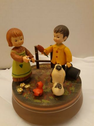 Vintage Anri Hand Carved Wood Rotating Music Box Boy And Girl Song Is " People "
