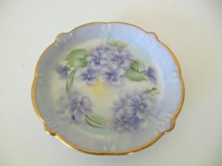 Hand Painted Porcelain Pin Dish Violets Signed Gold Gild Edge