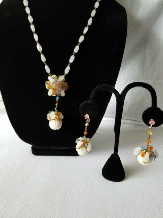 Vintage Hattie Carnegie White Glass Crystal Necklace Earrings Set