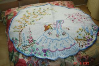 Lovely Vintage Crinoline Lady Tray Cloth - Embroidery And Colours