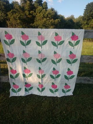 Vintage Cotton Pink & Green Floral Applique Unfinished Quilt Top 60 " X 64 "