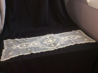 Antique French Tambour Net Lace Table Runner Vintage White Embroidered 2
