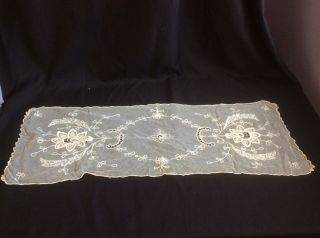 Antique French Tambour Net Lace Table Runner Vintage White Embroidered 1