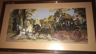 Vintage Horse And Carriage Large Woolwork Tapestry Needlework Picture