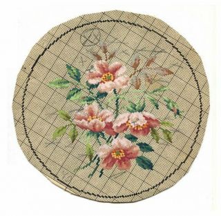 Antique Berlin Woolwork Hand Painted Chart Pattern Pink Flowers
