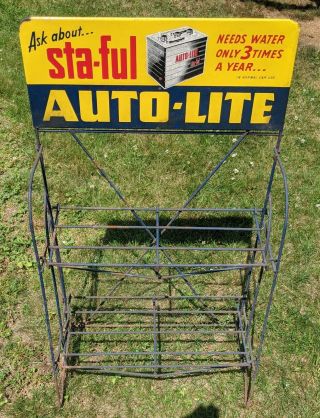 38 " Vintage Autolite Sta - Ful Battery Rack Display Sign Metal Gas Oil Bookcase?