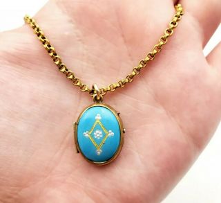 Antique Victorian Yellow Gold Filled Light Blue / White Enamel Locket Necklace