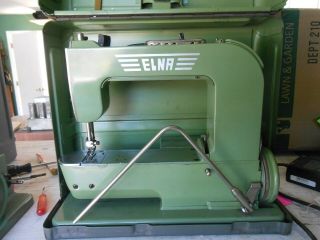 Vintage Elna Grasshopper Sewing Machine In Metal Case,  Short Knee Bar