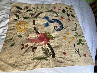 Vintage Jacobean Style Crewel Work Embroidery Panel Floral With Wool - Started