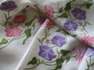 Vintage Hand Embroidered Tablecloth - Morning Glory Flowers