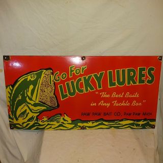 Vintage Lucky Lures Porcelain Enamel Sign 36 X 18 Inches