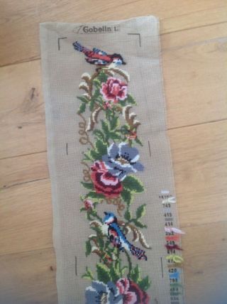 French Gobelin L Tapestry Embroidery Floral & Birds Needlepoint Textile
