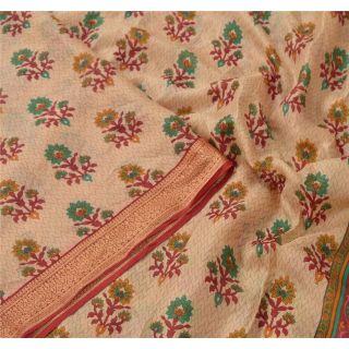 Sanskriti Vintage Cream Sarees 100 Pure Silk Printed Sari 5 Yd Craft Fabric