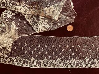 19th C.  Fine Point De Gaze Needle Lace Applique Flounce - Sew Craft Costume