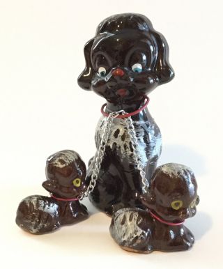 Vintage Redware Poodle Dog W/ 2 Puppies Figurine - Brown - Cute