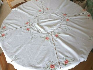 Vintage Round Tablecloth - Lace Hand Embroidered - 100 Cotton Dia.  54 " /130 Cm