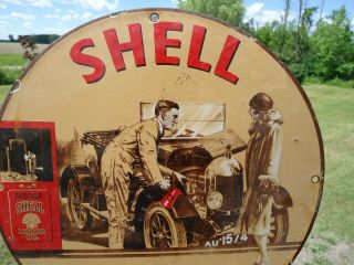VINTAGE OLD 1939 SHELL MOTOR OIL PORCELAIN GAS PUMP SIGN GREAT ANTIQUE COLORS 2