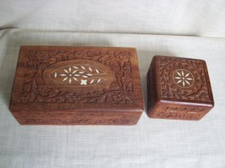 Vintage Ornate Indonesian Hand Carved Keepsake Jewelry Trinket Boxes Set Of 2