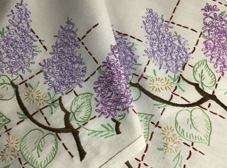Lovely Vintage Linen Hand Embroidered Tablecloth Lilac Blossoms
