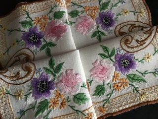 Vintage Linen Hand Embroidered Tray Cloth Roses/anemones/daisies