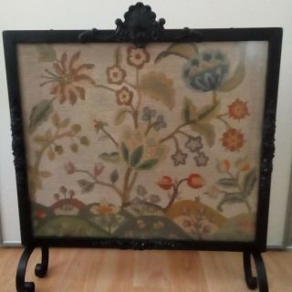 Old Jacobean Vintage Tapestry,  Tree Of Life In Wrought Iron Fire Screen