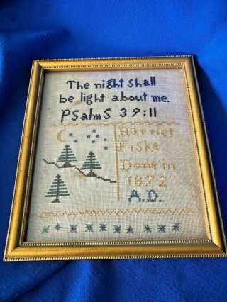 Antique 1872 19th C.  Folk Art Cross Stitch Needlepoint Bible Verse Sampler Framed
