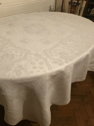 Vintage Damask Linen White Table Cloth 70 X 69 1/2 Embroidery