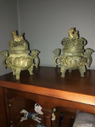 Vintage,  Chinese,  Matched Pair Bronze Incense Burners,  Foo Dog Lids,  Tripod Feet