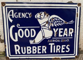 Vintage " Goodyear " Rubber Tires Porcelain Enamel Sign 24 " X18 "